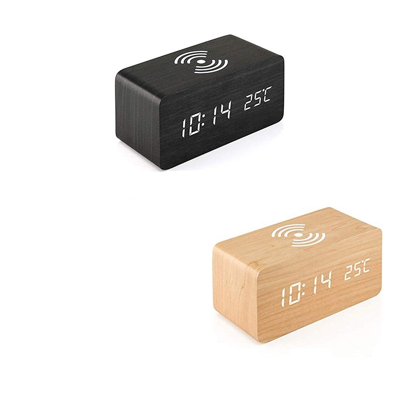 ساعة رقمية خشبية مع شاحن لا سلكي